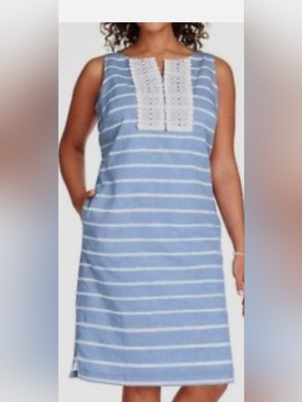 Talbots Light Blue and White Striped Lace-Trim Shift Dress